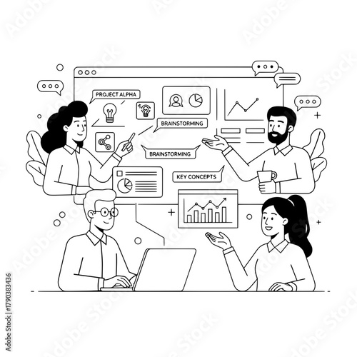 Diverse business professionals collaboratively discussing project strategies viewing data and brainstorming ideas on a large digital screen in a modern office setting