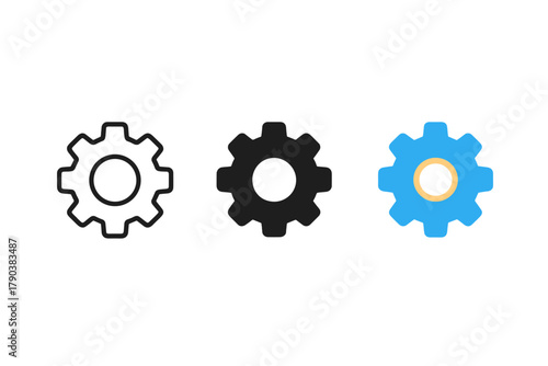 Minimalist Gear Icons. Minimalist gear settings icon: three identical gear wheels in a row, first in line style with thin outline,