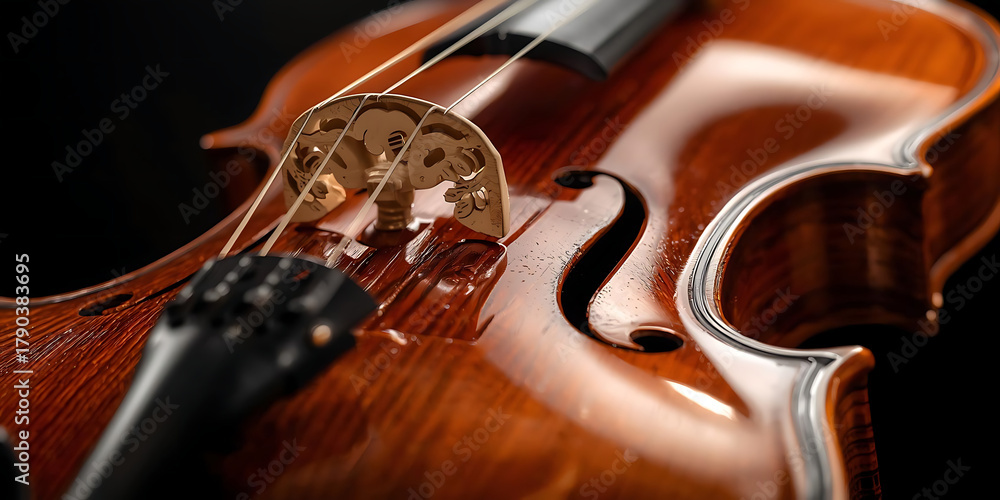 Fototapeta premium Close-Up Polished Violin Body, Glossy Wooden Surface, Intricate F-Holes, Warm Elegant Tones, Musical Instrument