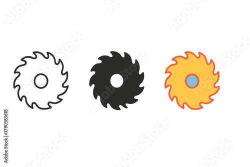 Minimalist Saw Blades. Minimalist saw blade icon: three identical circular saw blades in a row, first in line style with thin