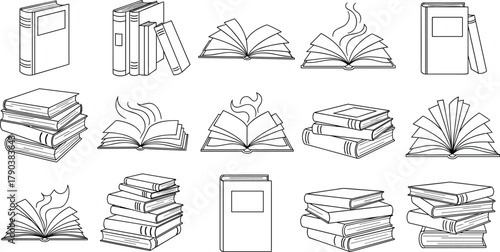 Collection of book line art illustrations, stack of books and open book icons, education and reading concept vector design