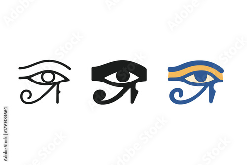Varied Eye of Horus. Minimalist eye of horus icon: three identical Eye of Horus icons in a row, first in line style with thin