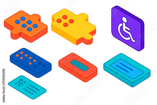 Tactile Puzzle Illustrations. Isometric vector illustration set Puzzle pieces – braille tile, raised dot cell, rounded tab;