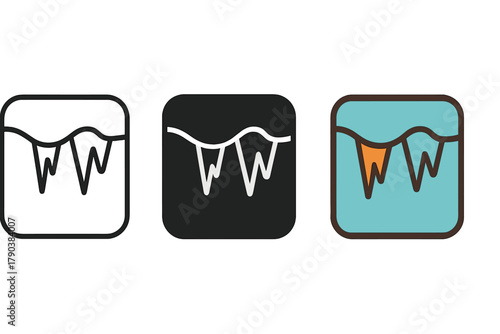 Stalactite Map Icons. Minimalist stalactite map icon: three identical cave maps with stalactites in a row, first in line style