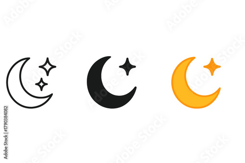 Minimalist Moon Phases. Minimalist starry sky icon: three identical crescent moons with two stars nearby in a row, first in line