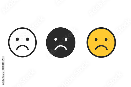 Three Sad Faces. Minimalist sad icon: three identical sad faces with downturned mouths in a row, first in line style with thin