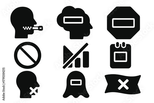 Solid Icon Designs. Solid style icons of unspeakable content training: mouth zip glyph, redacted thought icon, taboo badge.