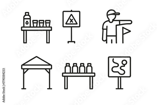 Race Checkpoint Icons. Line style icons of race checkpoints: hydration station, obstacle marker sign, volunteer at corner, rest