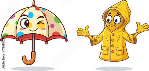 Cartoon umbrella winking with happy face, sad yellow raincoat character, expressive weather gear, fun kids illustration, isolated white background