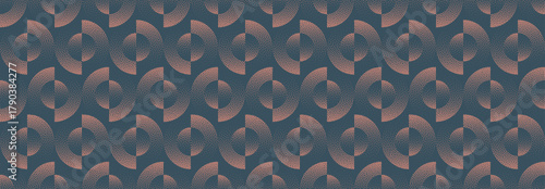 Vector abstract wide panoramic background featuring retro modish halftone circular pattern in brown and blue colours. Grainy textured backdrop gives stylish textile vibe, elegant and vintage-inspired