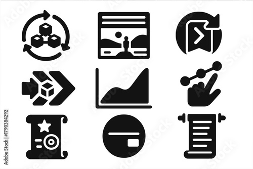 Blockchain Story Icons. Solid style icons of blockchain storytelling gestures: narrative loop icon, tokenized scene panel, motion