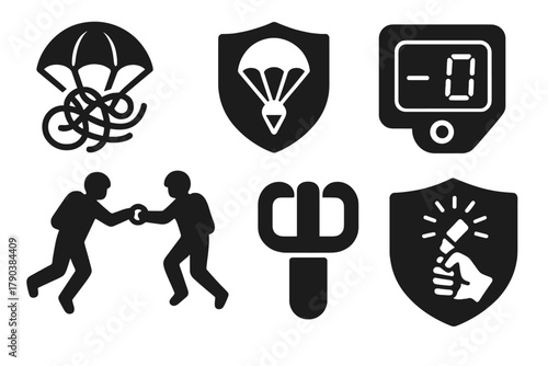 Emergency Icons Collection. Solid style icons of emergency and recovery: parachute tangle icon, backup chute badge, air assist