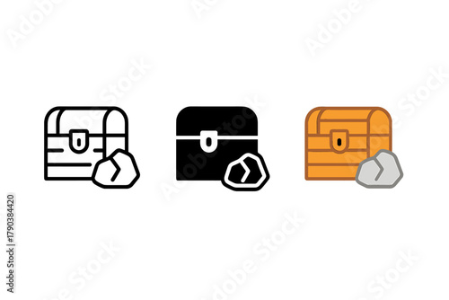 Stylish Treasure Chest Icons. Minimalist decoration icon: three identical treasure chest and rock icons in a row, first in line