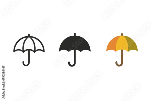 Umbrella Styles Trio. Minimalist umbrella autumn icon: three identical open umbrellas in a row, first in line style with thin