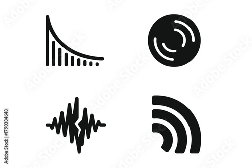 Sonic Decay Icons. Solid style icons of time-based sonic decay: fade curves, harmonic erosion, sound fracturing. Tone aging