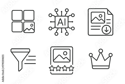 AI Marketplace Icons. Line style icons of AI design marketplaces: art tile preview grid, model marketplace symbol, asset download
