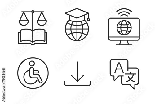 OER Accessibility Icons. Line style icons of equity and access in OER: equal access icon, global learning symbol, internet for