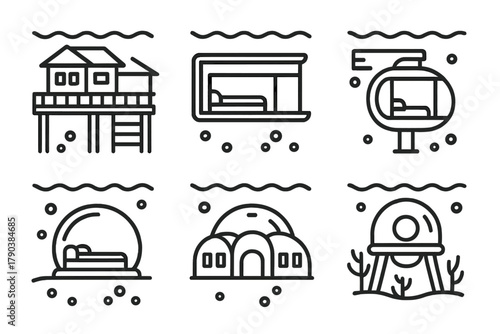 Iconic Underwater Structures. Line style icons of iconic underwater structures: Maldives reef hotel, Dubai submerged villa, Bali