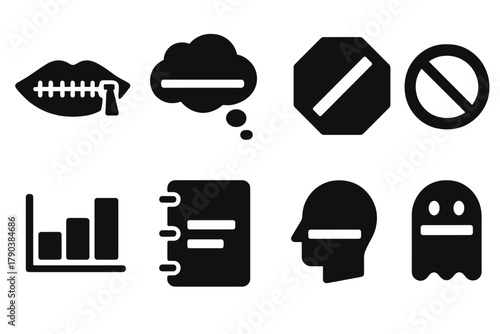 Solid Icon Designs. Solid style icons of unspeakable content training: mouth zip glyph, redacted thought icon, taboo badge.