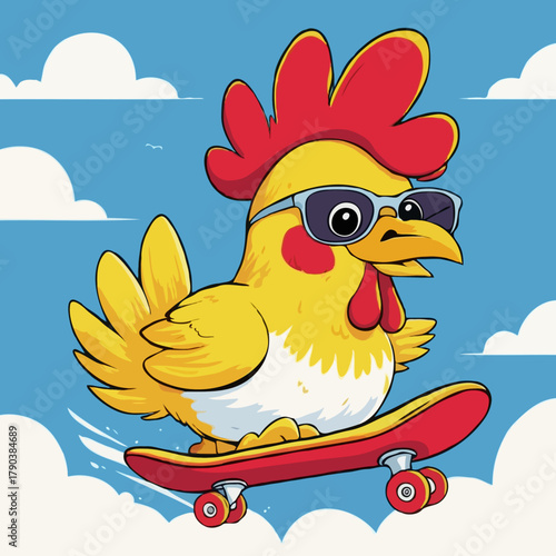 Skateboarding Chicken Cartoon Illustration Fun & Energetic Design