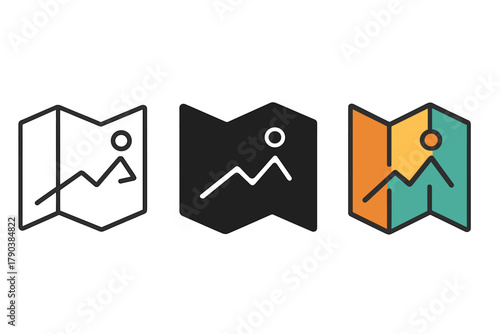 Minimalist Hiking Icons. Minimalist hiking map icon: three identical folded map icons in a row, first in line style with thin
