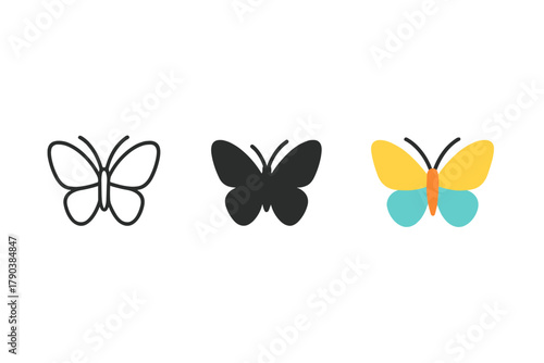 Butterfly Style Variations. Minimalist butterfly spring icon: three identical butterflies with open wings in a row, first in line