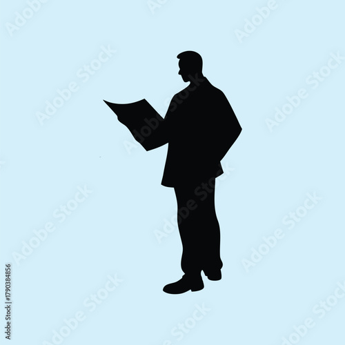 Black silhouette of a standing businessman with a book, an illustration representing a person in a suit or office fashion