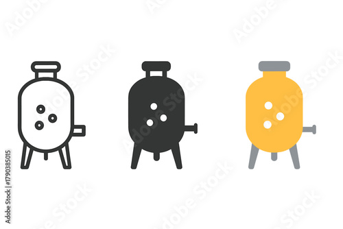 Fermentation Tank Icons. Minimalist fermentation tank icon: three identical fermentation tank icons in a row, first in line style