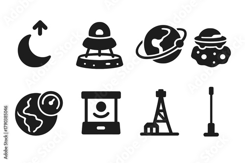 Anti-Gravity Icons. Solid style icons of planetary anti-gravity concepts: moon with upward arrow, Martian lift pad, zero-G orbit