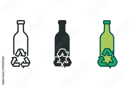 Bottle Recycling Icons. Minimalist bottle recycling icon: three identical glass bottle with recycling arrows icons in a row, first