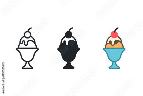 Minimalist Sundae Trio. Minimalist ice cream sundae icon: three identical sundaes in a row, first in line style with thin outline,