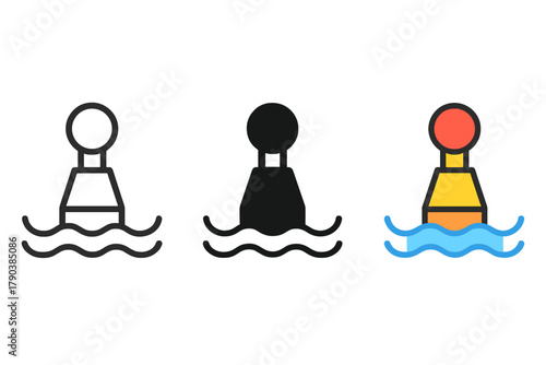 Minimalist Buoy Trio. Minimalist buoy icon: three identical floating buoys with round tops in a row, first in line style with thin