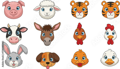 Cute wild jungle animals cartoon illustration with frame, lion, elephant, giraffe, zebra, hippo, ostrich, tiger, tropical forest background