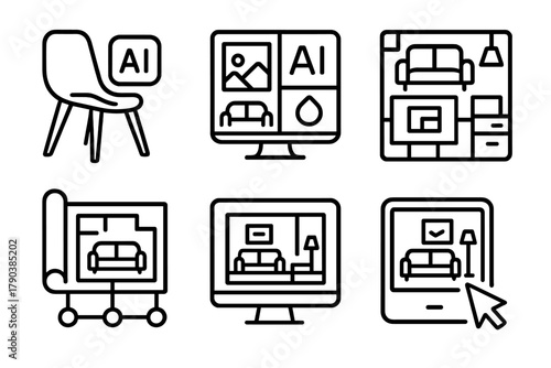AI Interior Design Icons. Line style icons of AI in interior design: generative furniture piece, AI mood board, auto-layout living