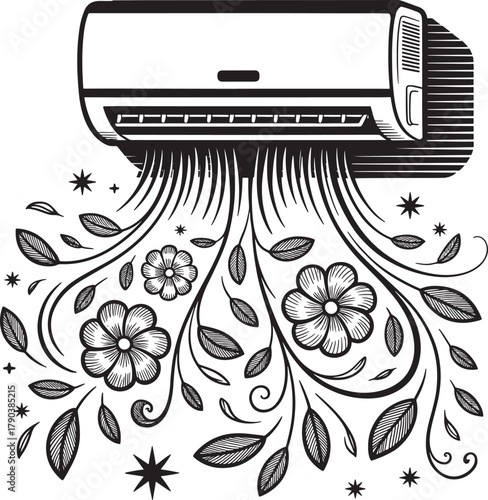 Air conditioner vector illustration with floral design refreshing airflow concept