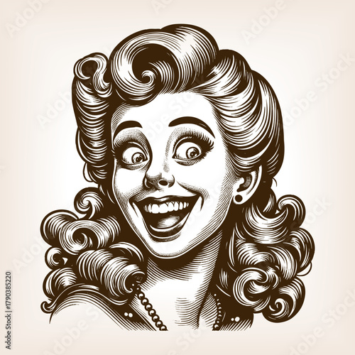 cheerful woman with curly hair and expressive eyes, smiling with excitement and joy sketch engraving generative ai fictional character vector illustration. Scratch board imitation. Black and white.