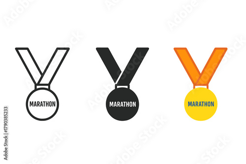Stylized Marathon Medals. Minimalist medal icon: three identical marathon medals in a row, first in line style with thin outline,