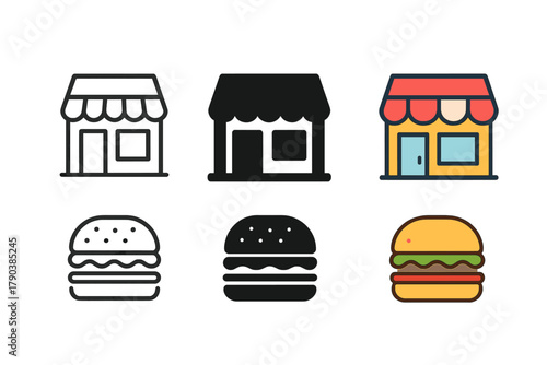 Minimalist Store and Burger Icons. Minimalist store building icon: three identical small store facades with awnings in a row,