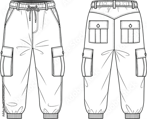 Cargo pants front and back view, technical fashion illustration, elastic waistband, flap pockets, stitching detail, garment design, apparel manufacturing