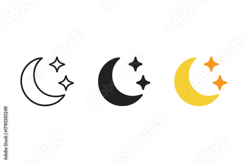 Minimalist Moon Phases. Minimalist starry sky icon: three identical crescent moons with two stars nearby in a row, first in line