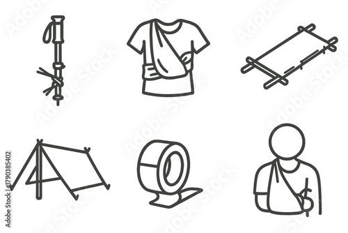 Improvised Medical Icons. Line style icons of improvised medical tools: hiking pole splint, t-shirt bandage, stick stretcher,