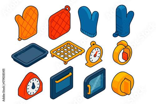 Baking Tools Icons. Isometric vector illustration set Baking tools – oven mitts, pot holders, heat-resistant gloves; baking sheet,