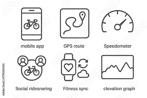 Cycling App Iconography. Line style icons of cycling apps and tracking: mobile app with bike icon, GPS route replay, speedometer