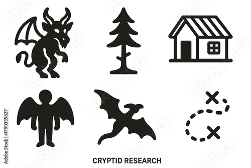 Cryptid Iconography. Line style icons of Cryptid Research: Jersey Devil icon, pine barrens tree, isolated cabin, winged shadow,