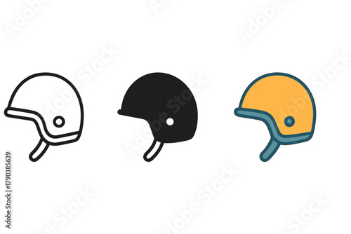 Minimalist Helmet Icons. Minimalist helmet icon: three identical helmet icons in a row, first in line style with thin outline,