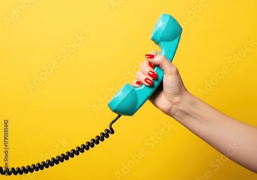 Hand holding an old turquoise telephone receiver