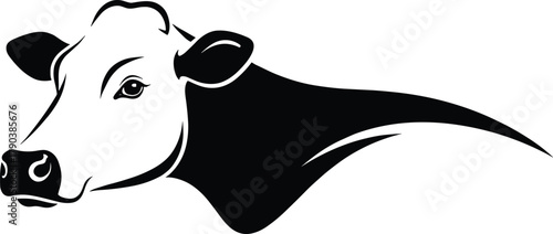 Black and white cow head illustration, dairy farm animal logo, minimal cattle design, agriculture livestock symbol, vector silhouette art