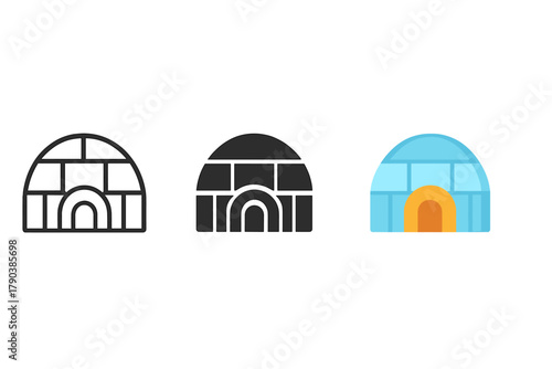 Igloo Icon Styles. Minimalist ice shelter icon: three identical igloo icons in a row, first in line style with thin outline,