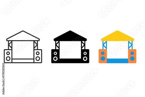 Festival Stage Icons. Minimalist festival stage icon: three identical outdoor stage with speakers icons in a row, first in line