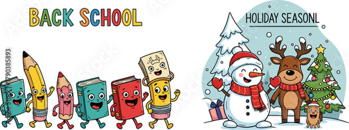 Back to school supplies cartoon, holiday season characters, festive snowman reindeer dog, Christmas tree gifts, winter celebration background